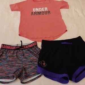 2 pr girls Under Armour  shorts one t shirt